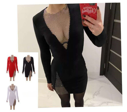 Black bodycon mesh dress with deep V neckline and long sleeves