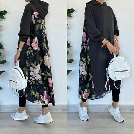 Black floral hoodie dress with long sleeves and layered skirt hem