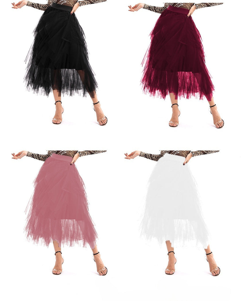 Women's Layered Tulle High-Waisted Midi Skirt