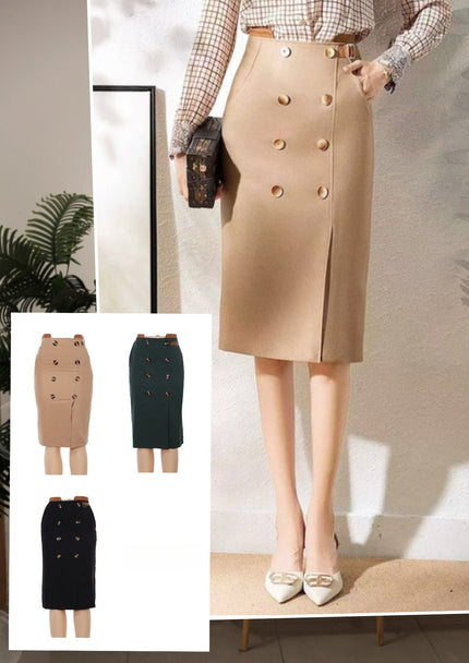 Skirt Women's High Waist Double-Breasted Slit Pencil Chic