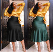 Flared midi skirt with ruffle hem and stretch waist, black and dark-green