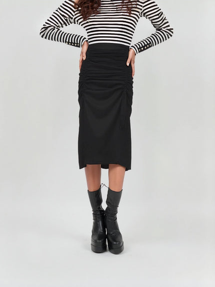 Black ruched midi skirt with adjustable stretch waistband