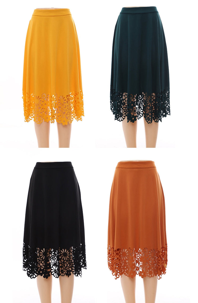 Women's High-Waisted Lace Hollow Above-Knee Skirt