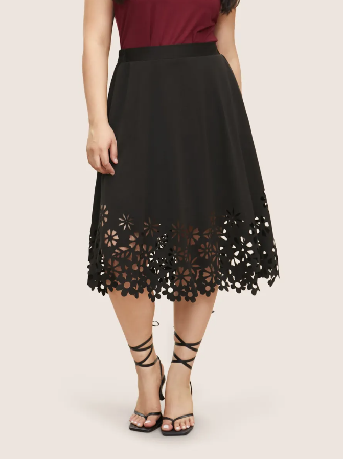 Midi Skirt  High Waist Lace Hem