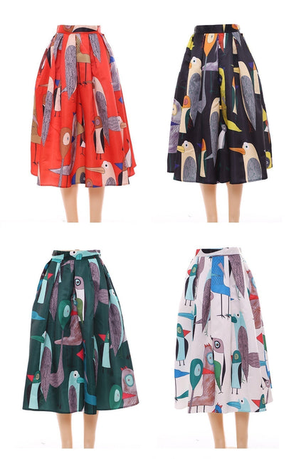 Skirt Women's Bird Pattern Pleated Midi Chic