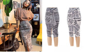 Women's High-Waisted Newspaper Print Side Slit Skirt