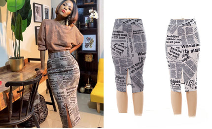Skirt Women's High Waist Newspaper Print Slit Chic