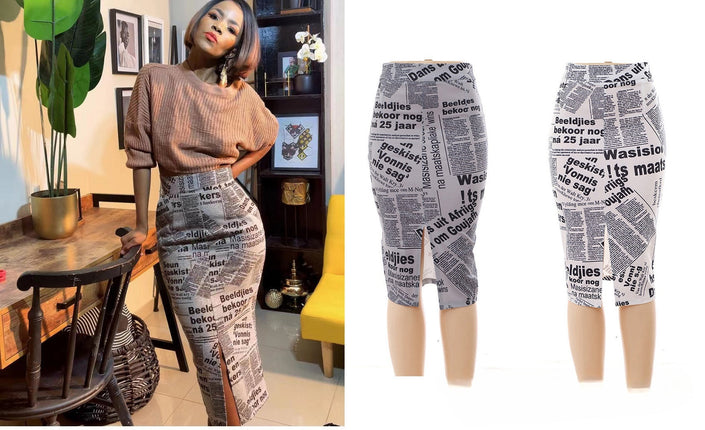 High-waist newspaper-print pencil skirt with front slit