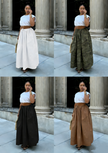 High-waist maxi skirt with wide waistband and gathered A-line silhouette, full length