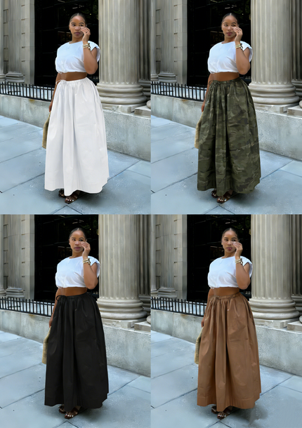 High-waist maxi skirt with wide waistband and gathered A-line silhouette, full length