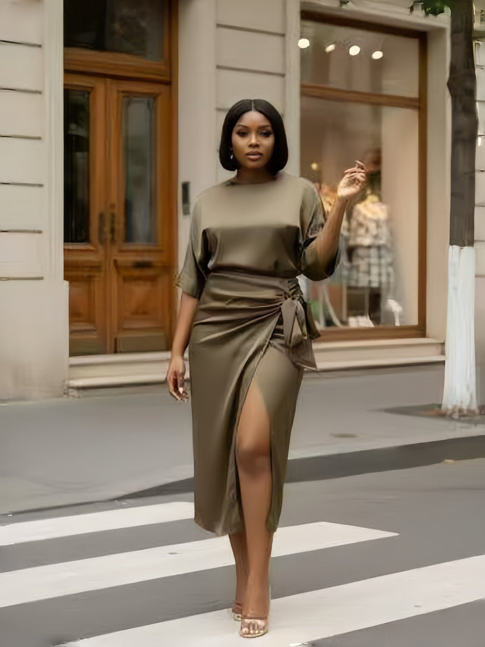 Olive midi wrap skirt with side tie and front slit