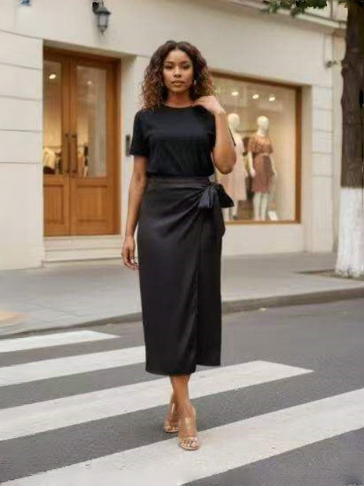 Black midi wrap skirt with side tie, wrap-front slit detail