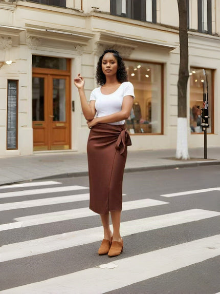 Maroon midi wrap skirt with side tie and front slit