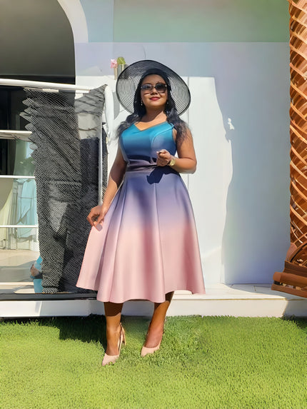 Pink-blue ombre V-neck sleeveless A-line midi dress