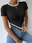 Women's Short Sleeve Pleated Top with White Trim and Diagonal Stripe Design