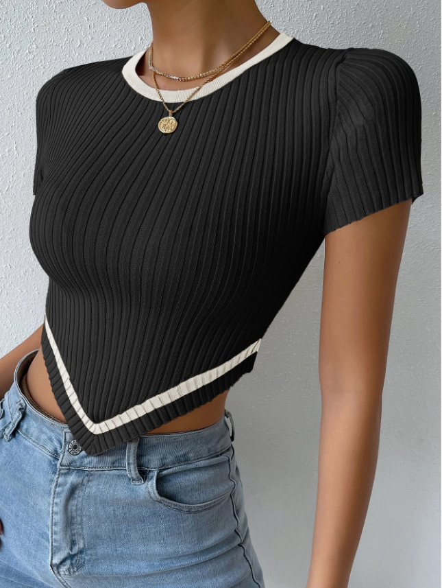 Black pleated stripe-trim cropped top with short sleeves and crew neck