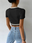 Black pleated stripe-trim top, short sleeves, V hem stripe detail on back