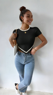 Black pleated stripe-trim top with short sleeves and crew neckline, V hem detail