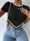 Women's Short Sleeve Pleated Top with White Trim and Diagonal Stripe Design