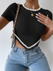 Black pleated stripe-trim top with short sleeves and cream stripe V hem detail