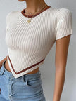 Women's Short Sleeve Pleated Top with White Trim and Diagonal Stripe Design
