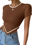 Brown pleated stripe-trim top with short sleeves and cream V hem trim