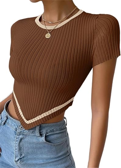 Brown pleated stripe-trim top with short sleeves and cream V hem trim