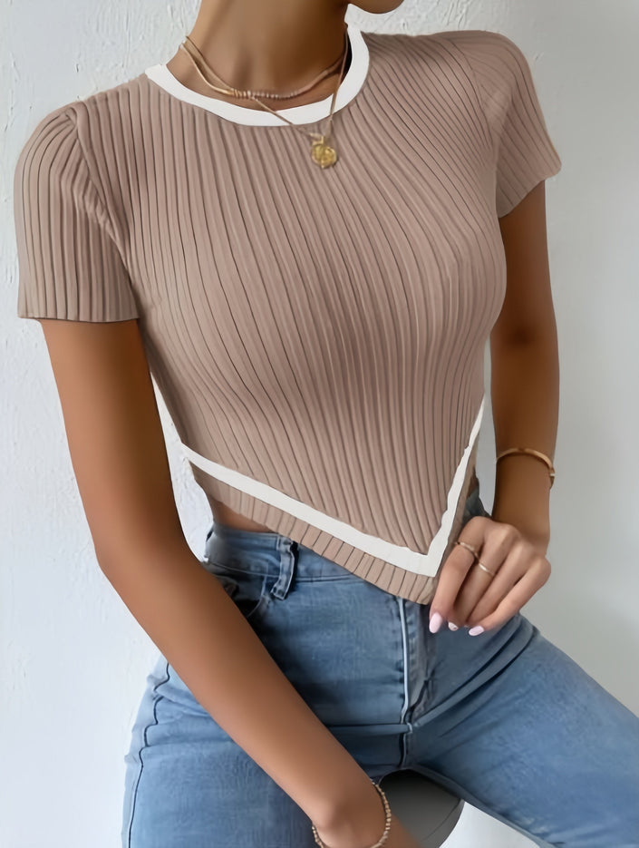 Beige pleated stripe-trim top with short sleeves and cream V hem detail
