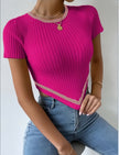 Hot-pink pleated stripe-trim top with short sleeves and cream V hem stripe detail