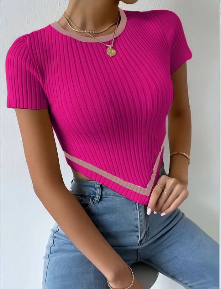 Hot-pink pleated stripe-trim top with short sleeves and cream V hem stripe detail
