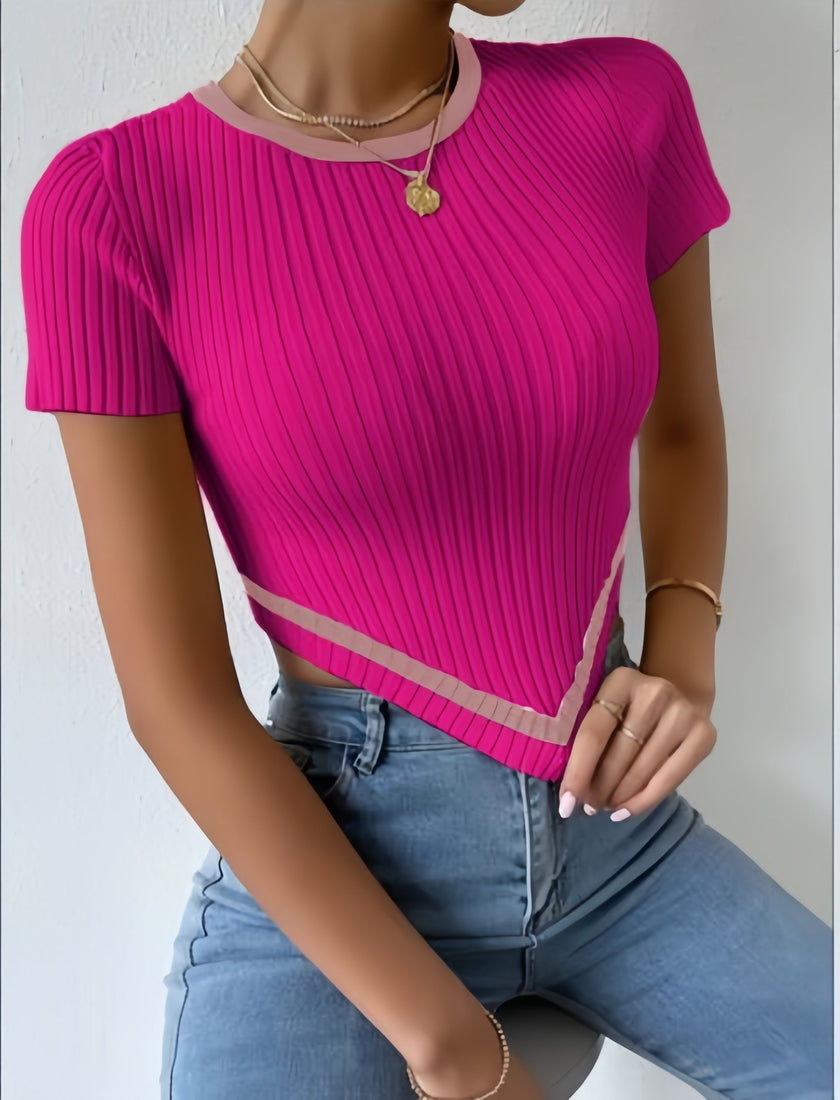 Hot-pink pleated stripe-trim top with short sleeves and cream V hem stripe detail