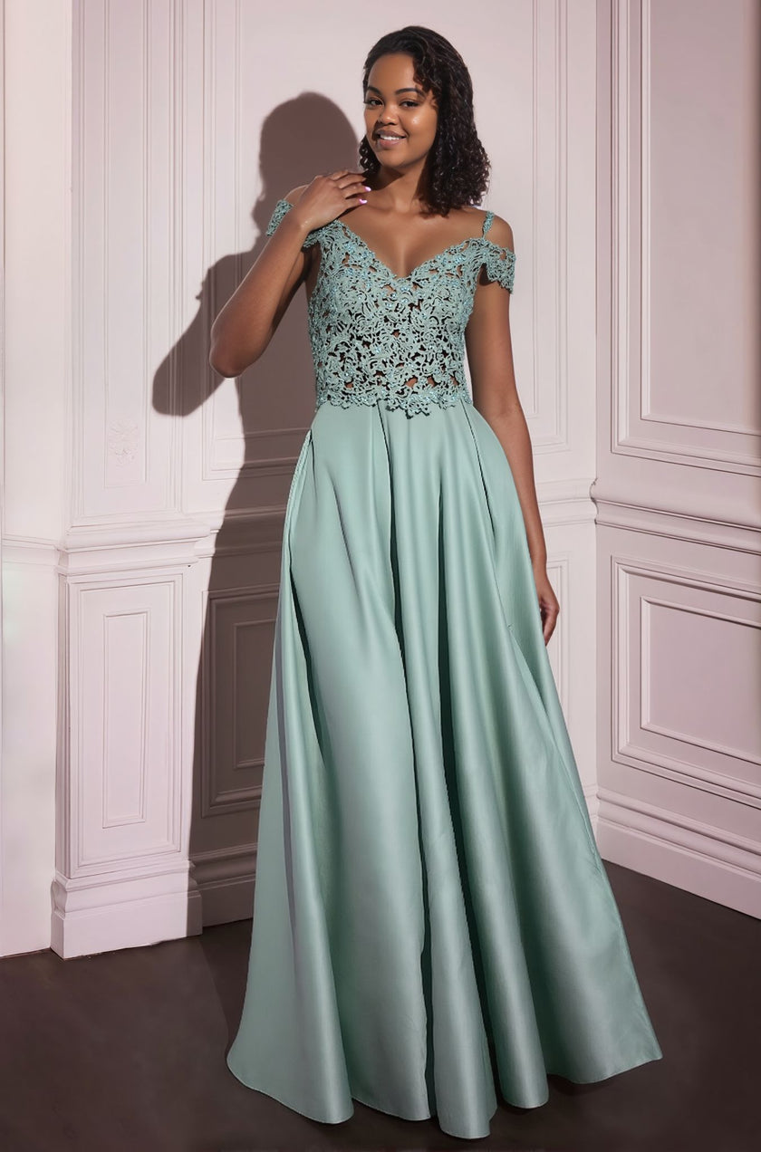 Off-Shoulder Lace Bodice Evening Gown with Sheer Floral Detail