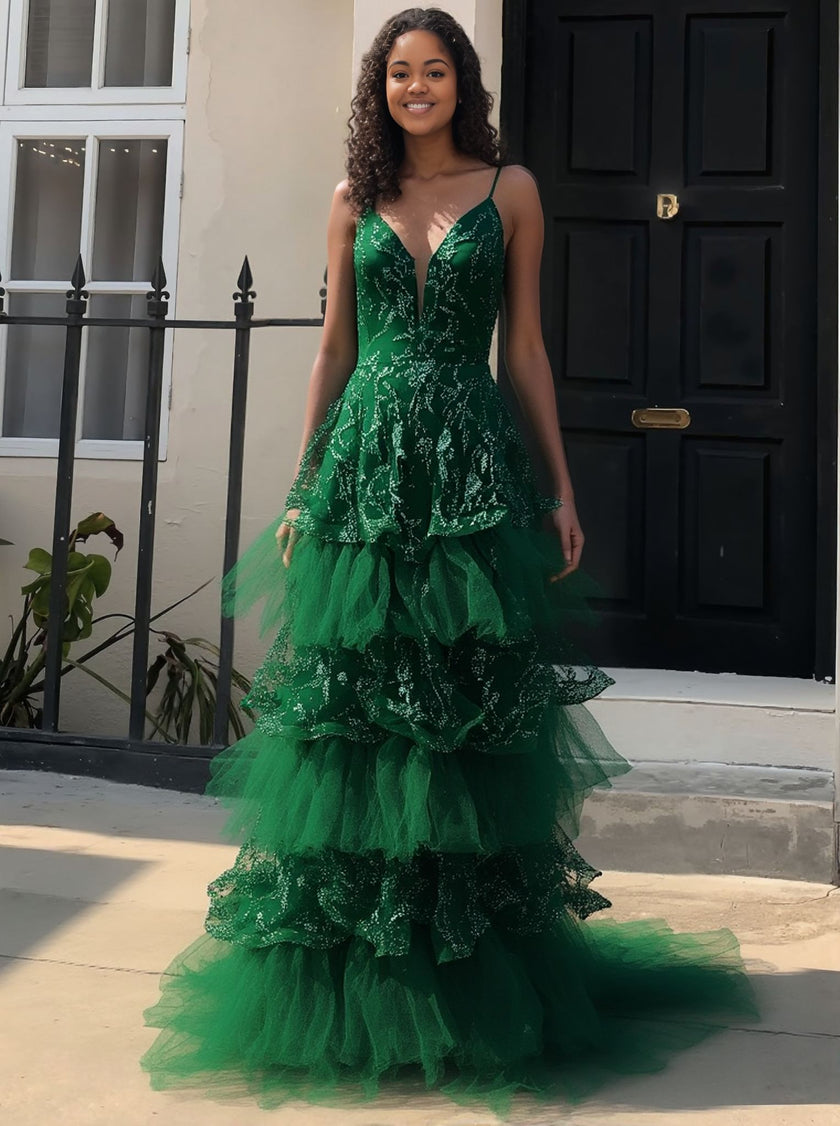 Layered Glitter Tulle Ruffle Gown with Deep V-Neckline
