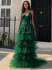 Layered Glitter Tulle Ruffle Gown with Deep V-Neckline