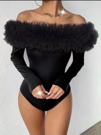 Black off-shoulder bodysuit with long puff sleeves and layered ruffle trim