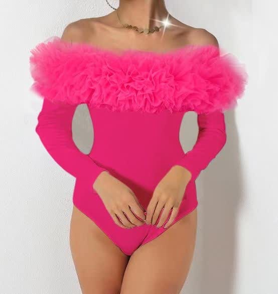 Hot-pink off-shoulder bodysuit with puff sleeves and ruffle detail