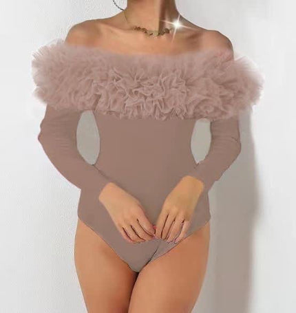 Beige off-shoulder bodysuit with puff sleeves and ruffled neckline