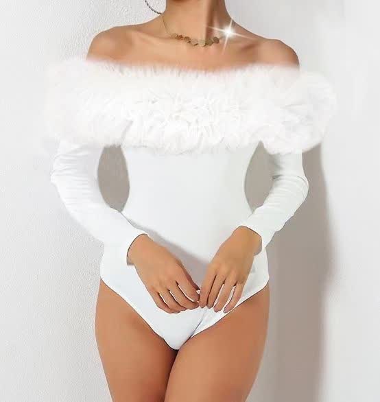 White off-shoulder bodysuit with puff sleeves and layered ruffle trim
