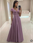 Floral Lace Bodice Evening Dress with Short Sleeves