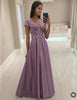 Floral Lace Bodice Evening Dress with Short Sleeves