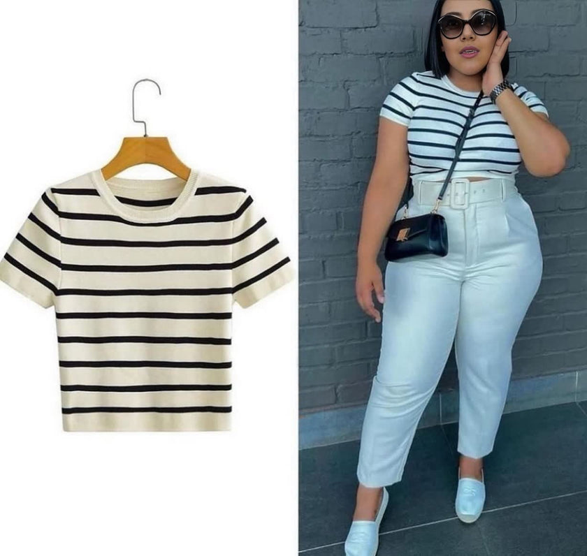 Striped Crew Neck Short Sleeve Knit Top