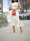 Ivory asym midi dress, sleeveless, tiered ruffle hem with draped side