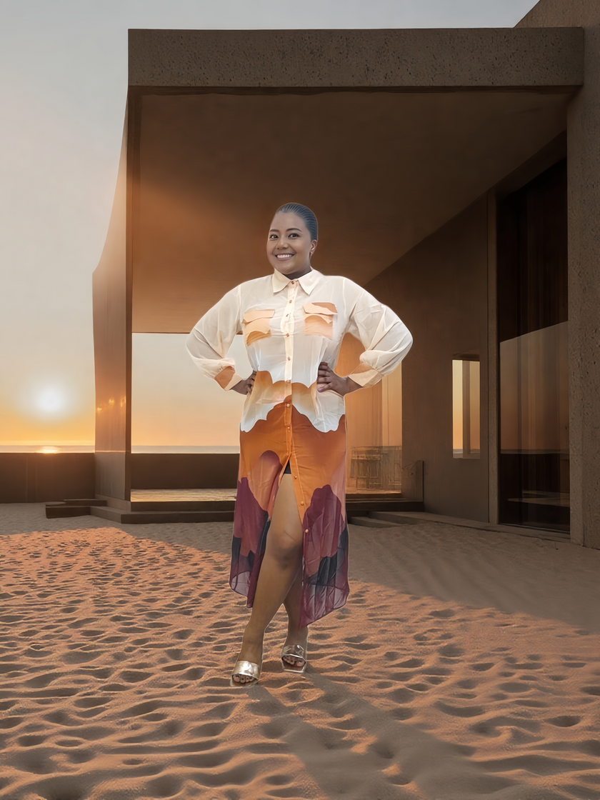 Long Split Shirt Dress, Mountain Pattern, Button Design