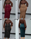 Belted high-waist slit midi skirt, burgundy with front button detail