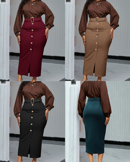 Belted high-waist slit midi skirt, burgundy with front button detail