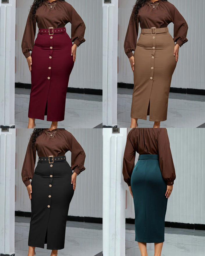 Belted high-waist slit midi skirt, burgundy with front button detail