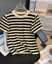 Cream and black striped knit top, short sleeves, crew neck