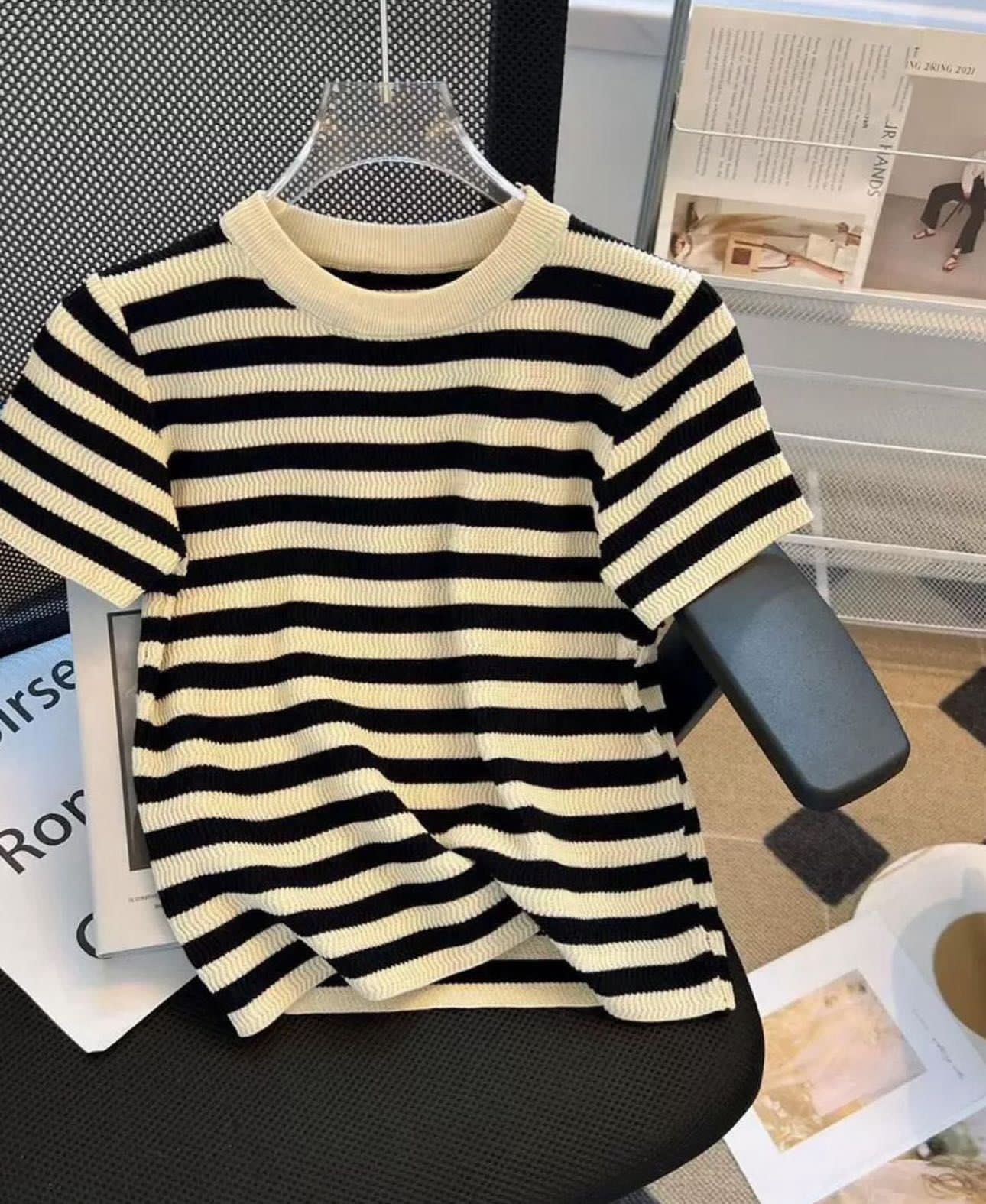 Cream and black striped knit top, short sleeves, crew neck
