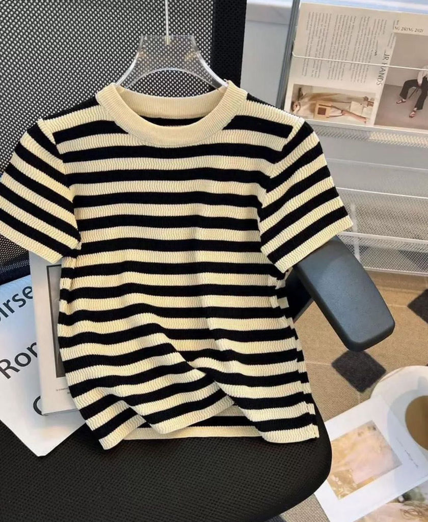 Cream and black striped knit top, short sleeves, crew neck