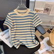 Light blue and cream striped knit top on hanger, short sleeves, crew neck